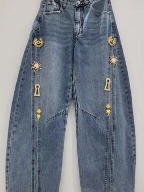 Schiaparelli Inspired Relaxed Barrel Jeans with Gold Charm Accents - Blue